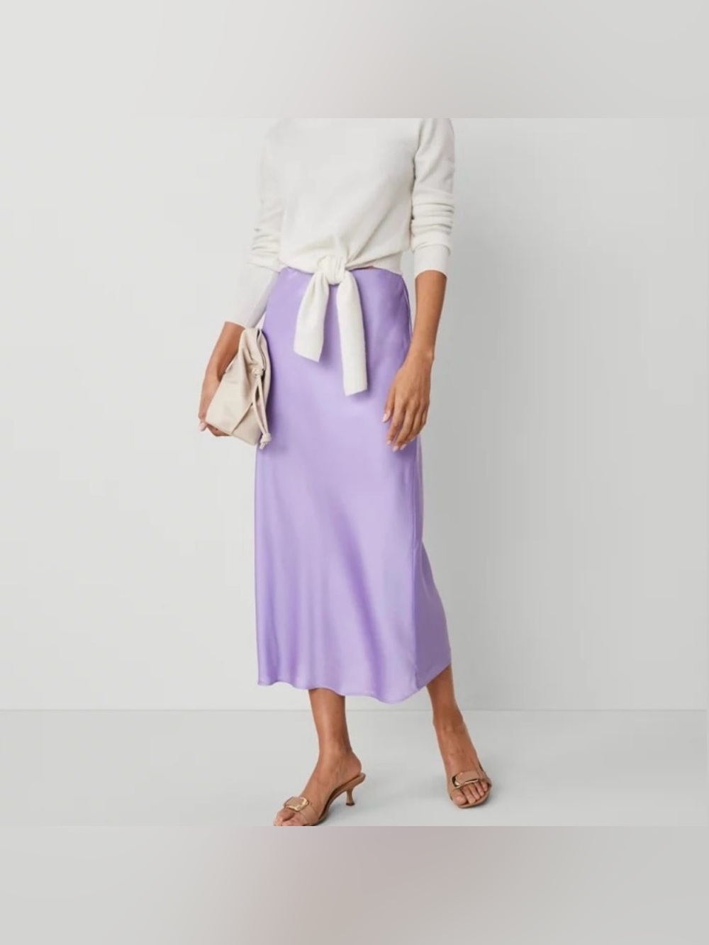 Ann Taylor Satin Bias Midi Pullon Slip Lavender Skirt NWT Large